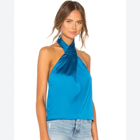 Superdown Amerie Pleated Halter Teal Blue Satin Top Women’s Large - Picture 1 of 7